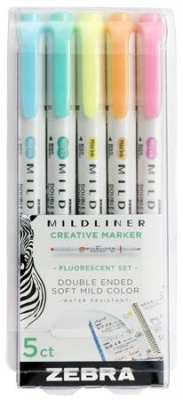 Szövegkiemelő készlet, 1,4/4,0 mm, kétvégű, ZEBRA "Mildliner Fluorescent", 5 szín