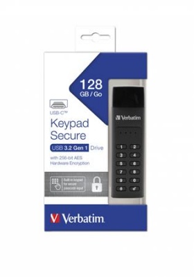 Pendrive, 128GB, USB-C (USB 3.2), titkosítás, 160/130Mb/s, VERBATIM "Keypad Secure"