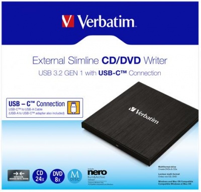 CD/DVD író, vékony, fém ház, USB 3.2 - USB-C, VERBATIM